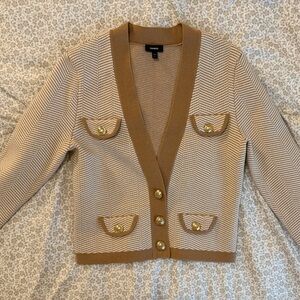 Express Herringbone Gold-Button Cardigan (Camel/Cream) Size S